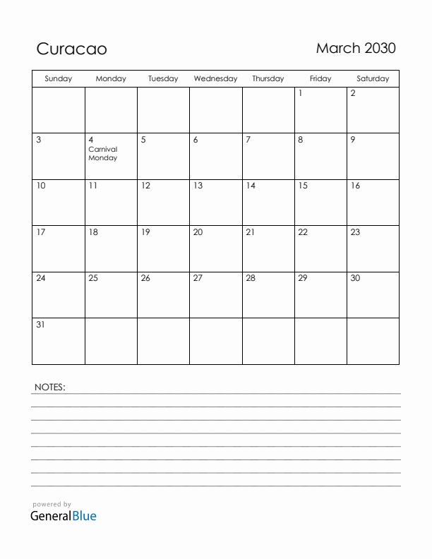 March 2030 Curacao Calendar with Holidays (Sunday Start)