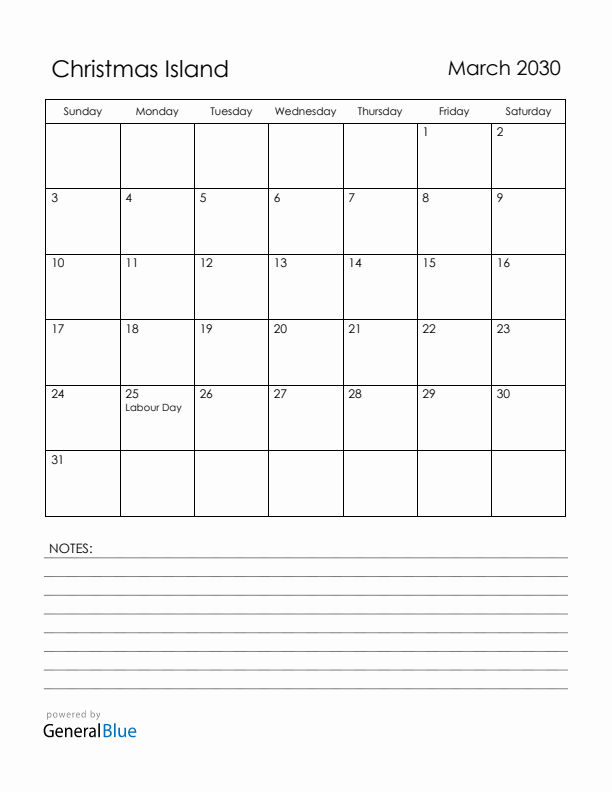 March 2030 Christmas Island Calendar with Holidays (Sunday Start)