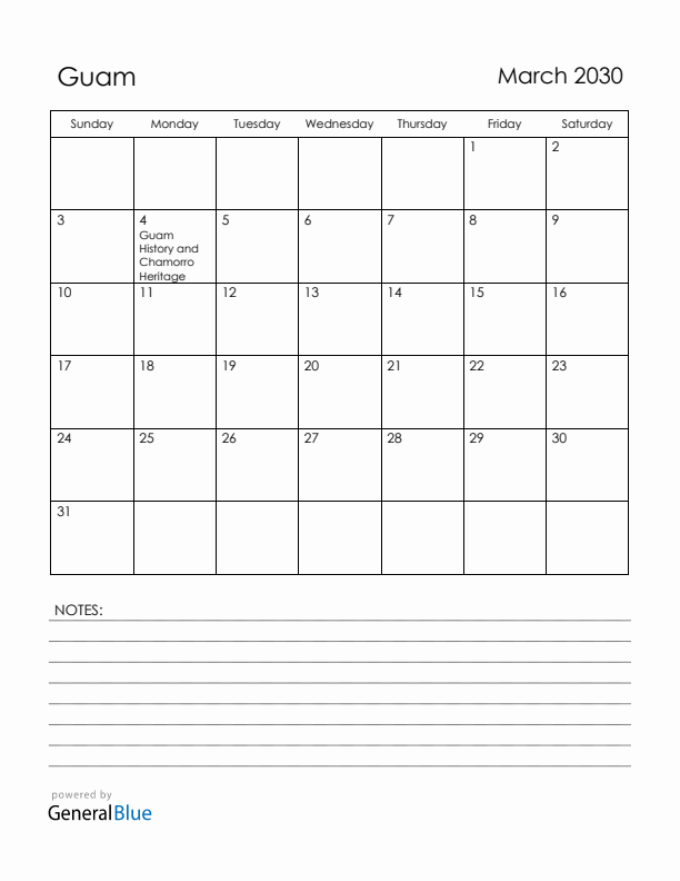March 2030 Guam Calendar with Holidays (Sunday Start)