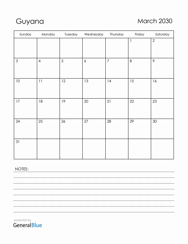 March 2030 Guyana Calendar with Holidays (Sunday Start)