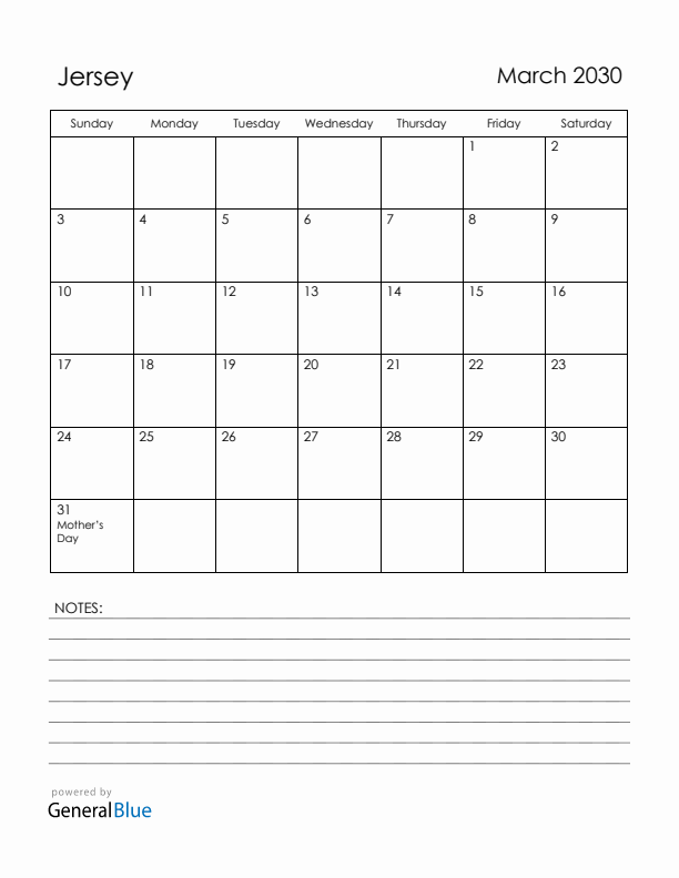 March 2030 Jersey Calendar with Holidays (Sunday Start)