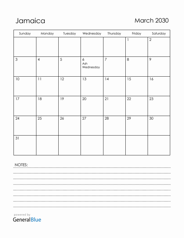 March 2030 Jamaica Calendar with Holidays (Sunday Start)