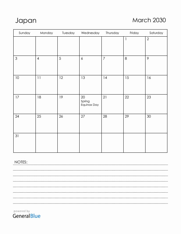 March 2030 Japan Calendar with Holidays (Sunday Start)