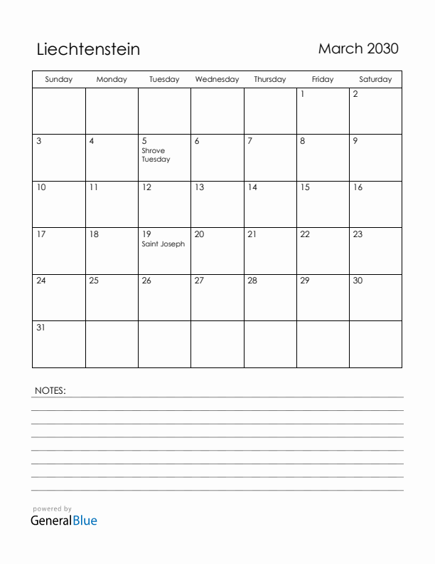 March 2030 Liechtenstein Calendar with Holidays (Sunday Start)