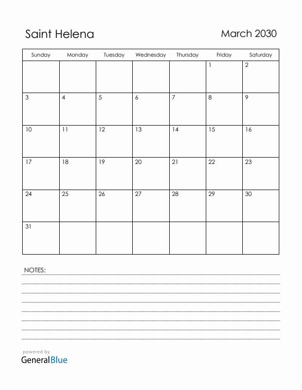 March 2030 Saint Helena Calendar with Holidays (Sunday Start)