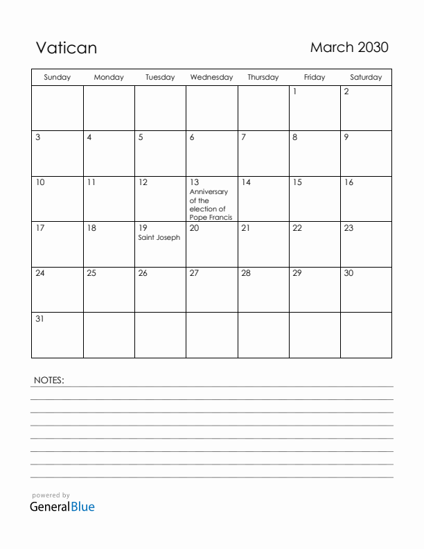 March 2030 Vatican Calendar with Holidays (Sunday Start)