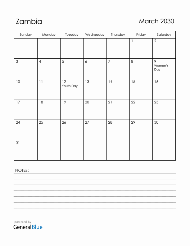March 2030 Zambia Calendar with Holidays (Sunday Start)