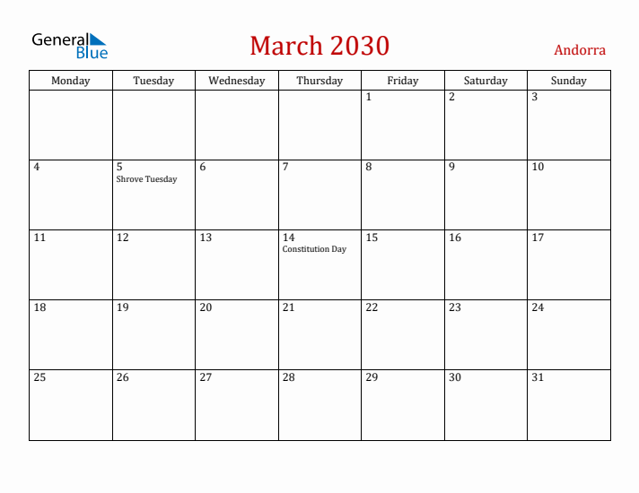 Andorra March 2030 Calendar - Monday Start
