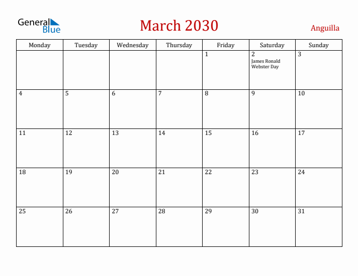 Anguilla March 2030 Calendar - Monday Start