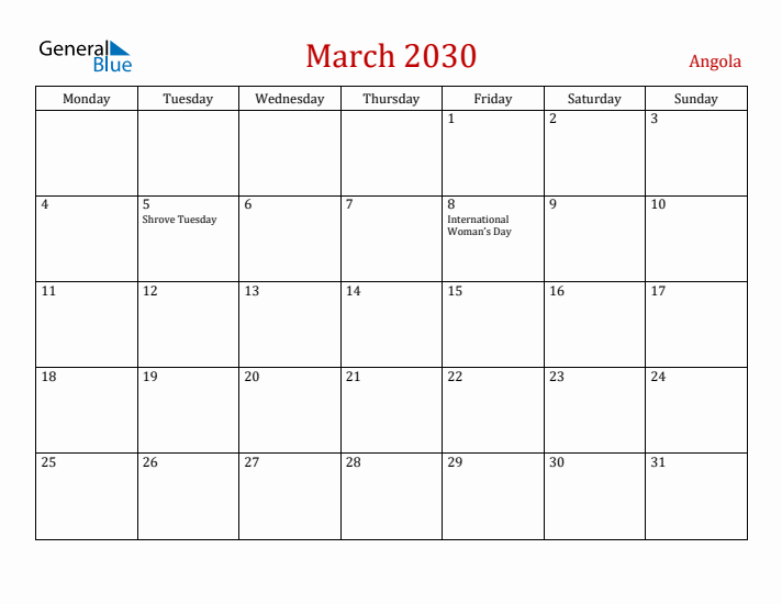 Angola March 2030 Calendar - Monday Start