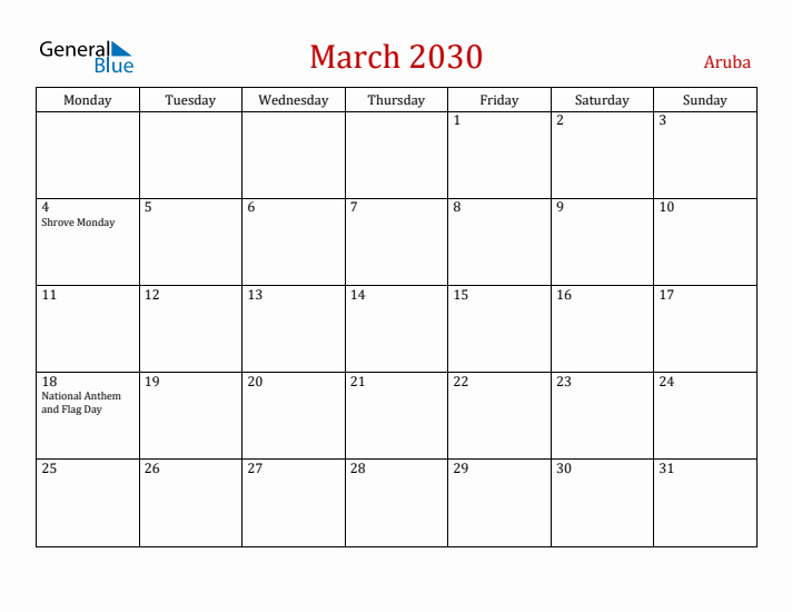 Aruba March 2030 Calendar - Monday Start