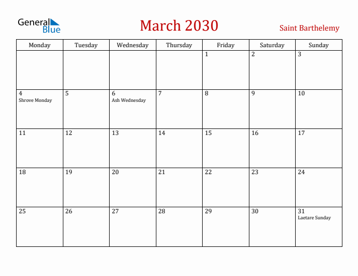 Saint Barthelemy March 2030 Calendar - Monday Start