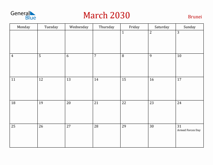 Brunei March 2030 Calendar - Monday Start