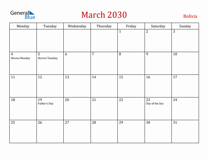 Bolivia March 2030 Calendar - Monday Start