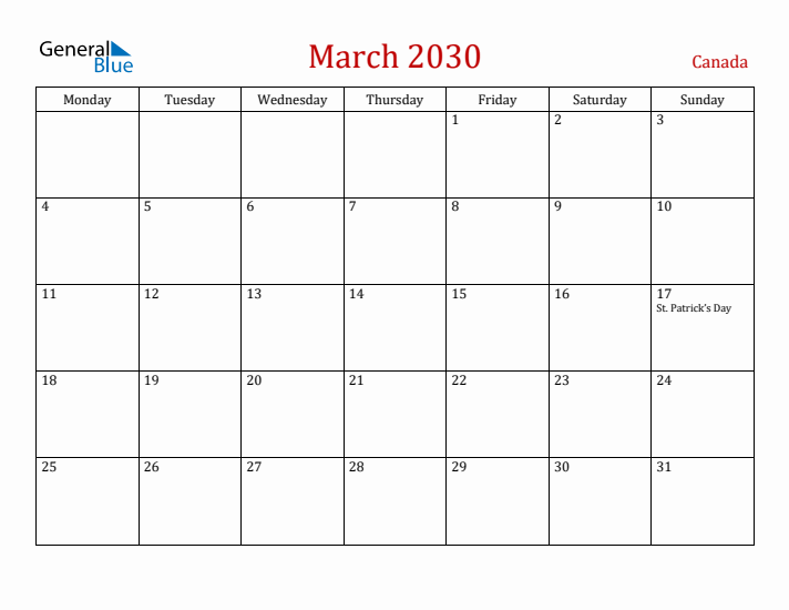 Canada March 2030 Calendar - Monday Start