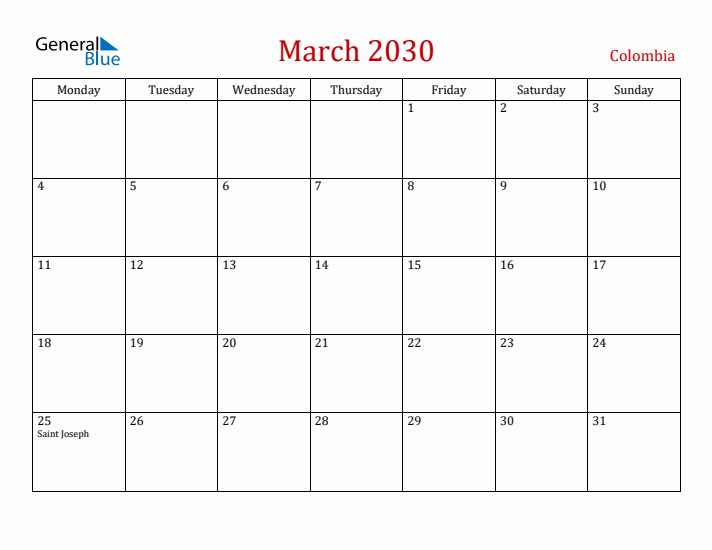 Colombia March 2030 Calendar - Monday Start