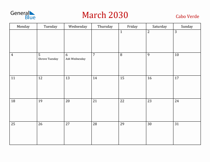 Cabo Verde March 2030 Calendar - Monday Start