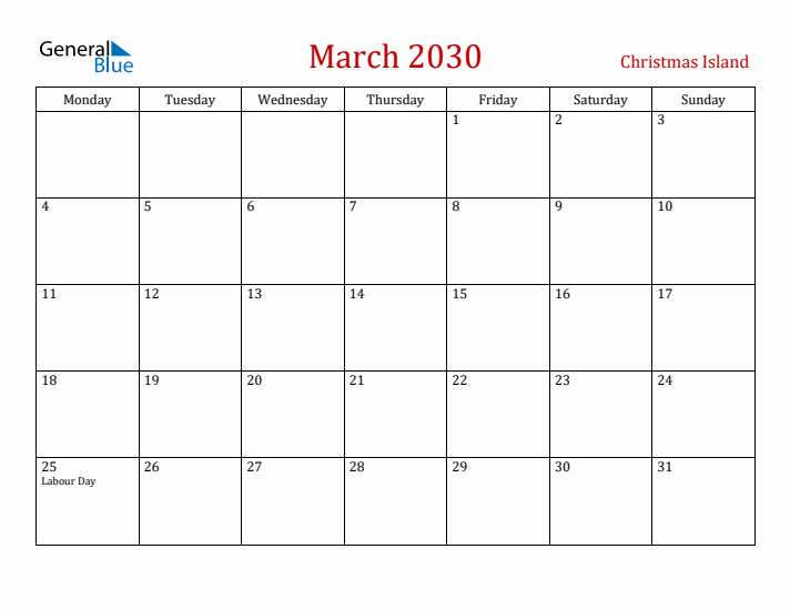 Christmas Island March 2030 Calendar - Monday Start