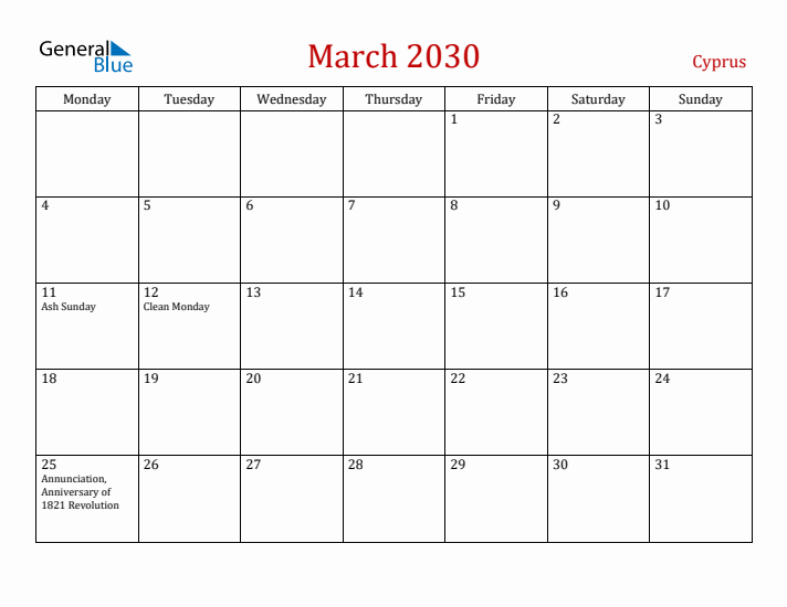 Cyprus March 2030 Calendar - Monday Start
