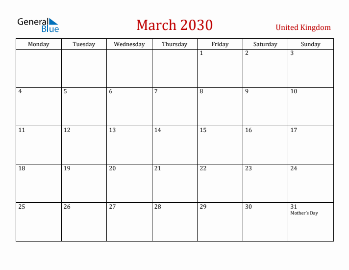 United Kingdom March 2030 Calendar - Monday Start