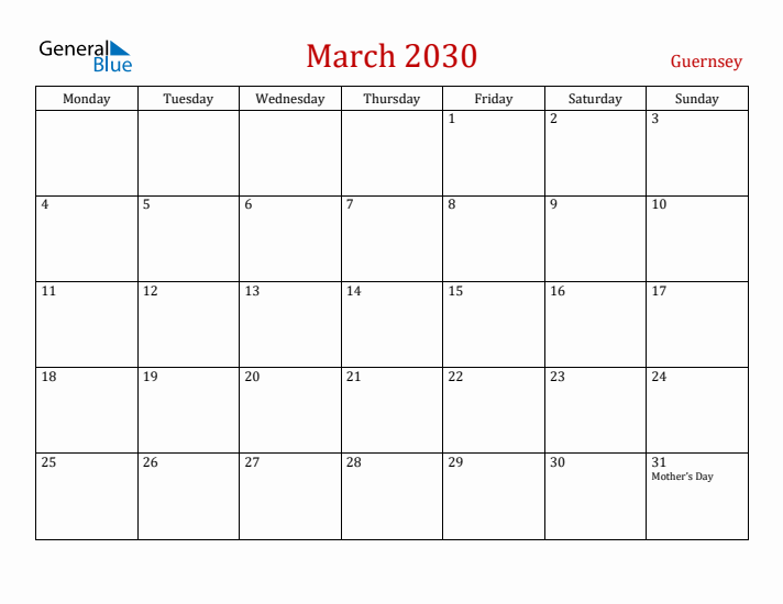 Guernsey March 2030 Calendar - Monday Start