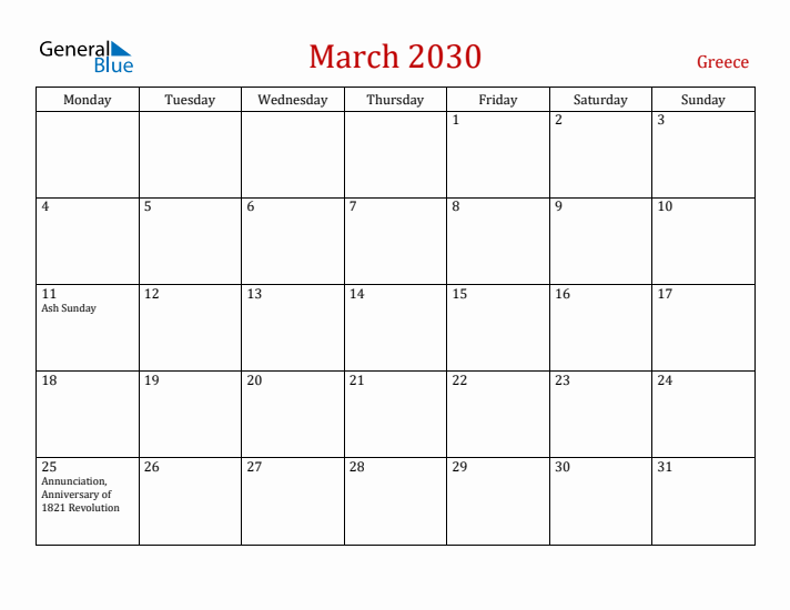 Greece March 2030 Calendar - Monday Start