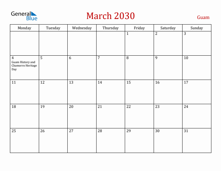 Guam March 2030 Calendar - Monday Start