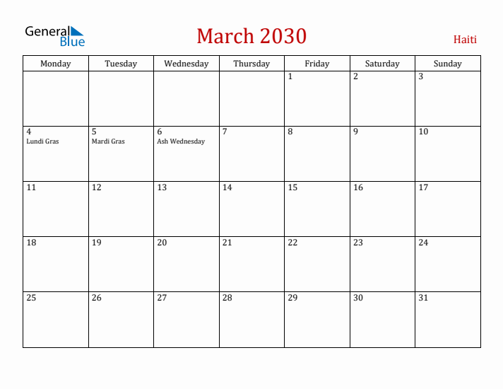 Haiti March 2030 Calendar - Monday Start