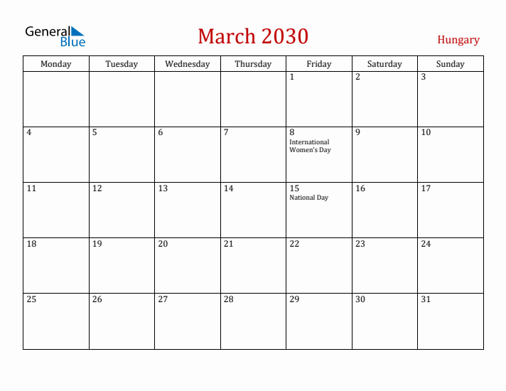 Hungary March 2030 Calendar - Monday Start