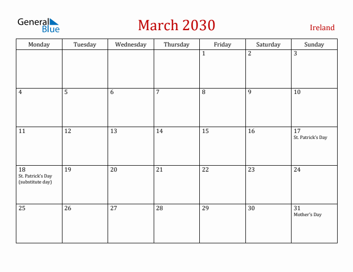 Ireland March 2030 Calendar - Monday Start