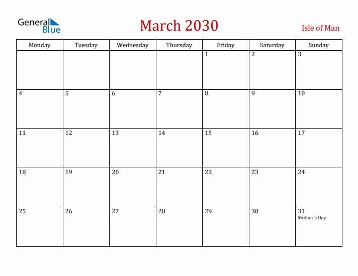 Isle of Man March 2030 Calendar - Monday Start