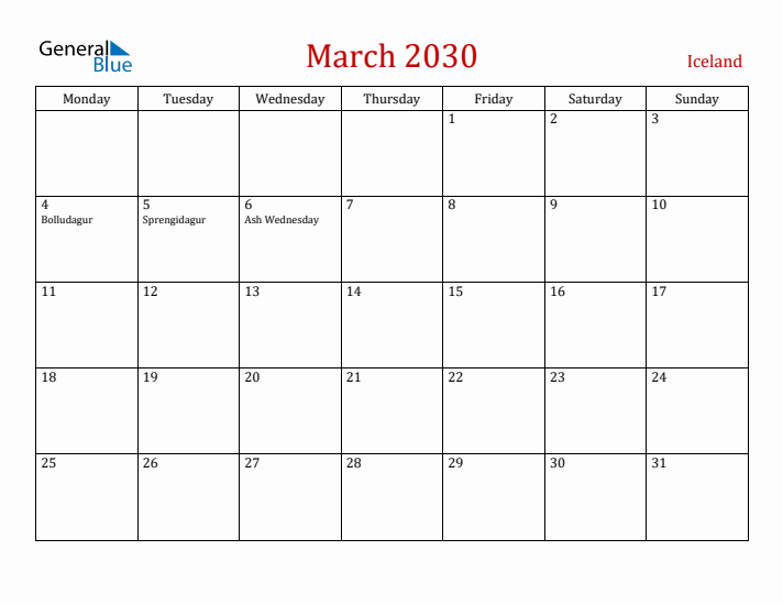 Iceland March 2030 Calendar - Monday Start