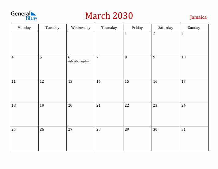Jamaica March 2030 Calendar - Monday Start