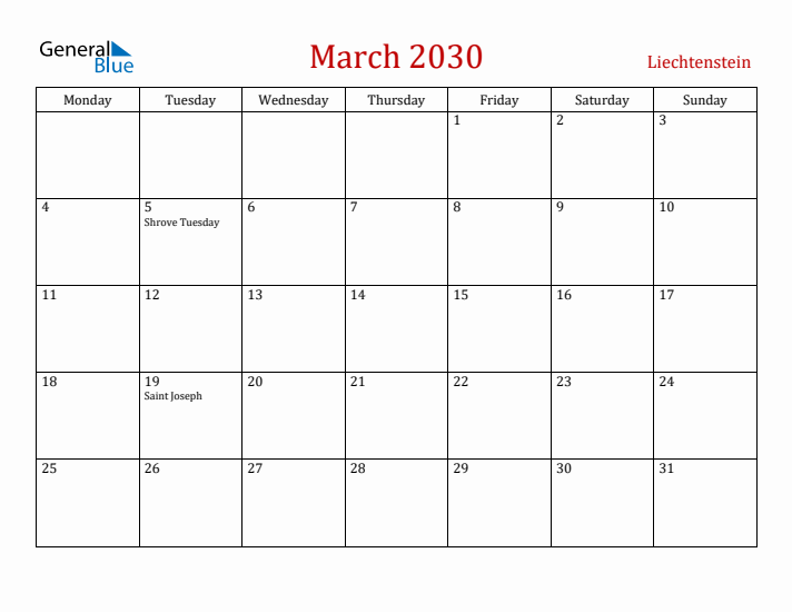 Liechtenstein March 2030 Calendar - Monday Start