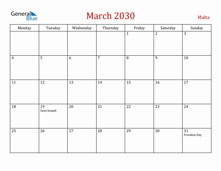 Malta March 2030 Calendar - Monday Start