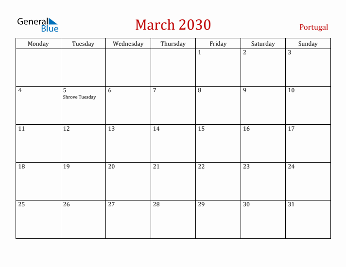 Portugal March 2030 Calendar - Monday Start