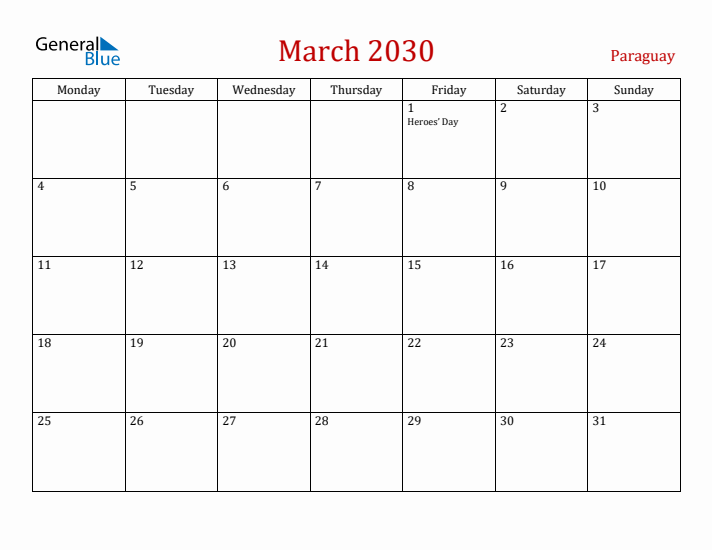 Paraguay March 2030 Calendar - Monday Start