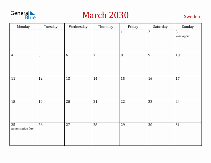 Sweden March 2030 Calendar - Monday Start