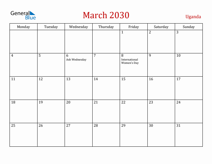 Uganda March 2030 Calendar - Monday Start