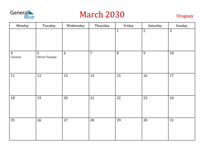 Uruguay March 2030 Calendar - Monday Start