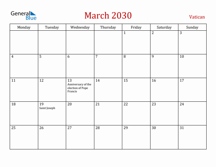 Vatican March 2030 Calendar - Monday Start