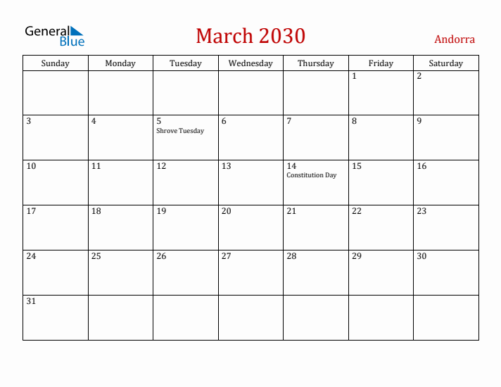 Andorra March 2030 Calendar - Sunday Start