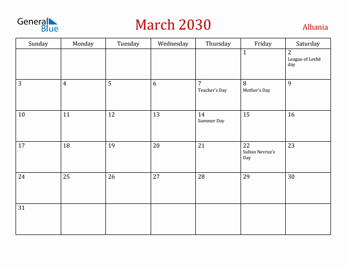 Albania March 2030 Calendar - Sunday Start