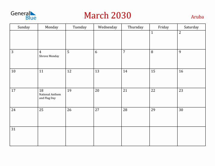 Aruba March 2030 Calendar - Sunday Start