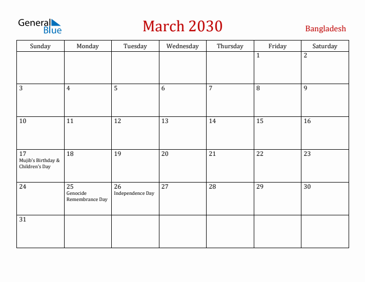 Bangladesh March 2030 Calendar - Sunday Start