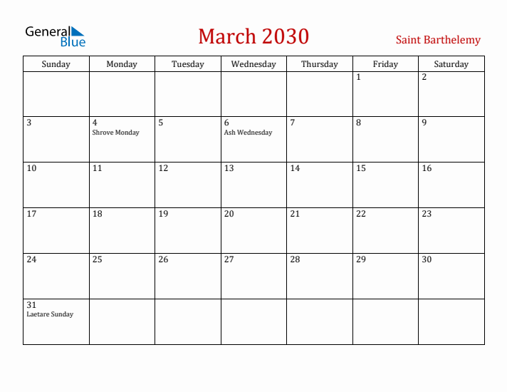 Saint Barthelemy March 2030 Calendar - Sunday Start