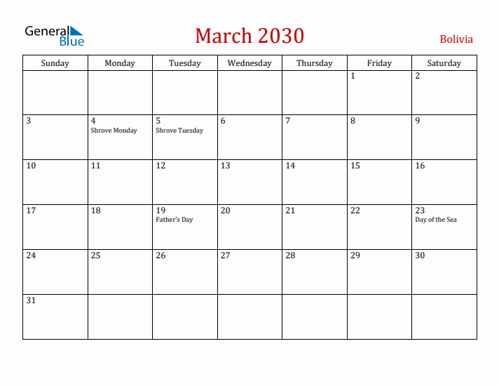 Bolivia March 2030 Calendar - Sunday Start