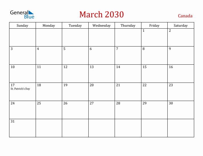 Canada March 2030 Calendar - Sunday Start