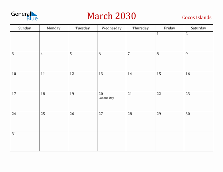 Cocos Islands March 2030 Calendar - Sunday Start