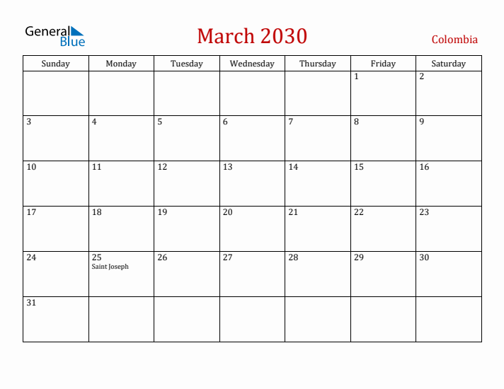 Colombia March 2030 Calendar - Sunday Start